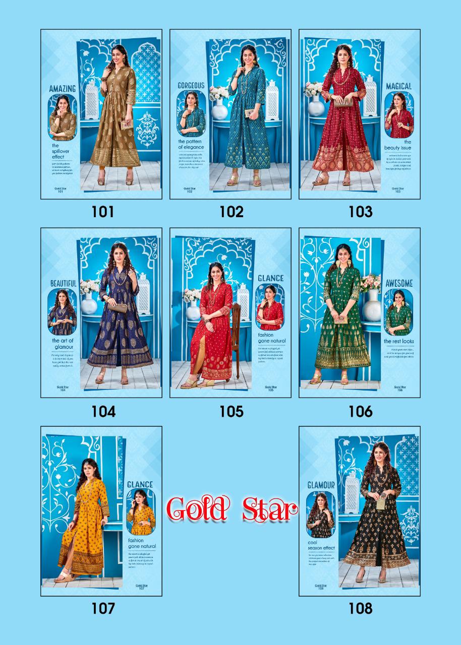 Ft Gold Star Latest Designer Party Wear rayon Long Printed Kurtis Collection
